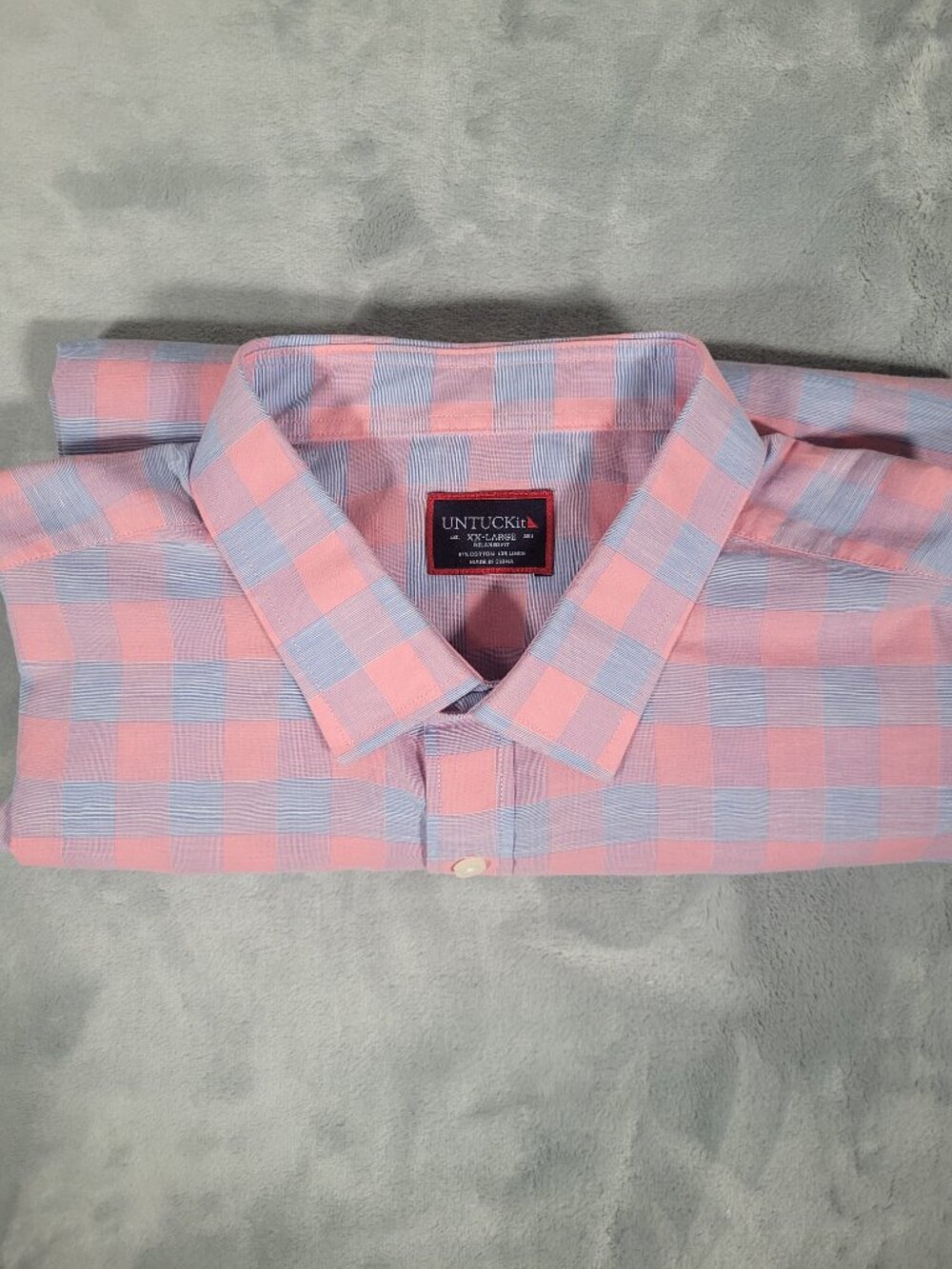 UNTUCKit Linen Blend Shirt Men's Size 2XL Blue Pink Plaid Long Sleeve Button Up